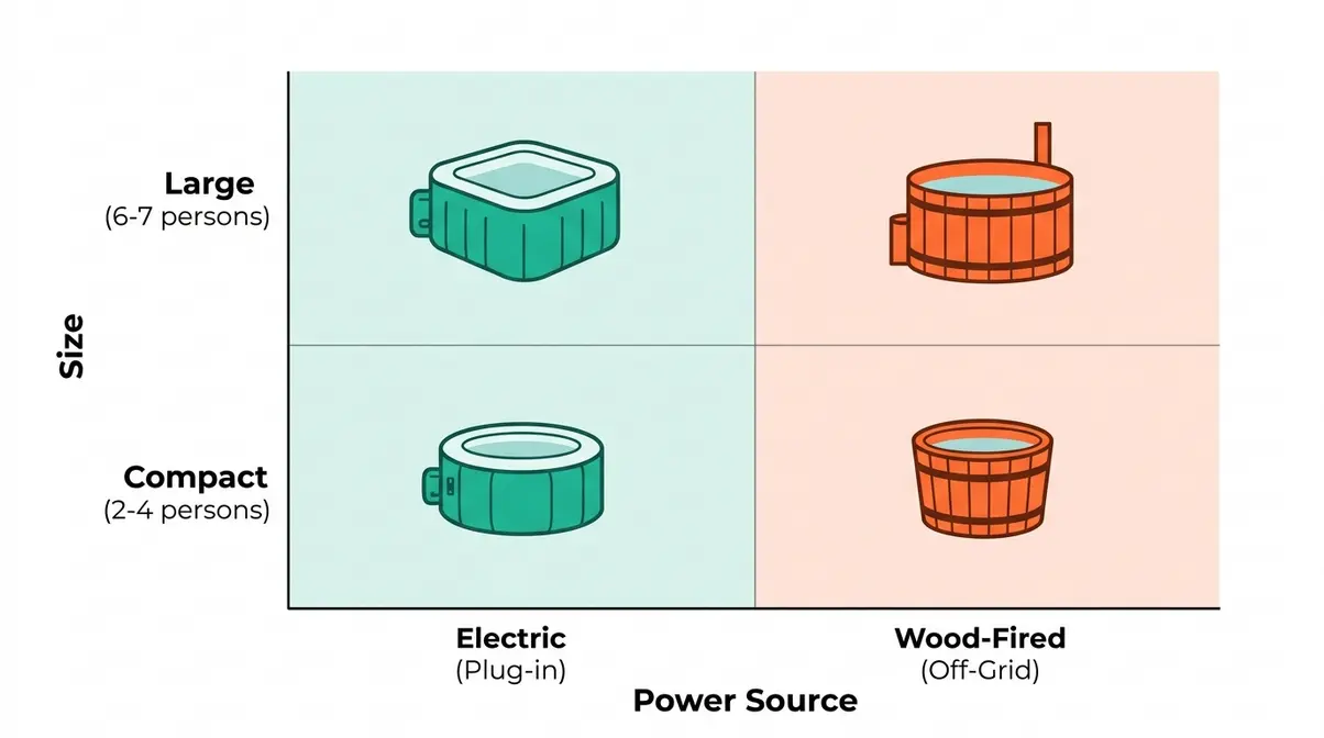 Best Hot Tubs 2026: 9 Models Tested for Every Buyer 19 Hot tub buying guide decision matrix comparing electric plug-in versus wood-fired options by size