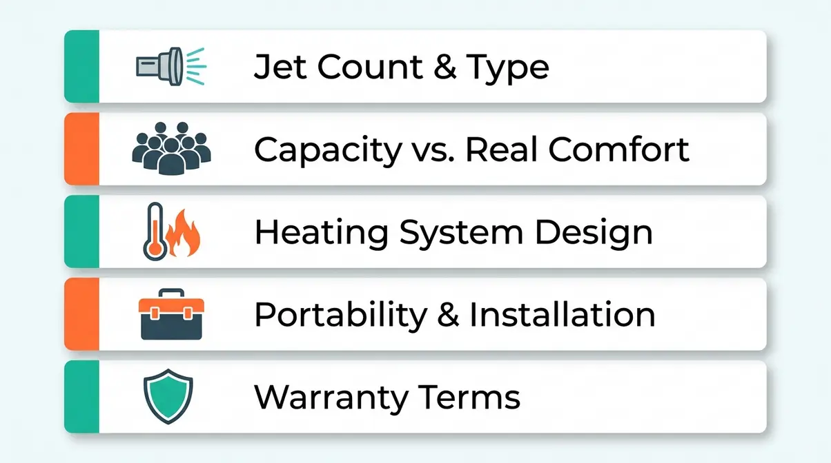 Best Hot Tubs 2026: 9 Models Tested for Every Buyer 20 Hot tub evaluation criteria showing five factors used to rank and compare nine models