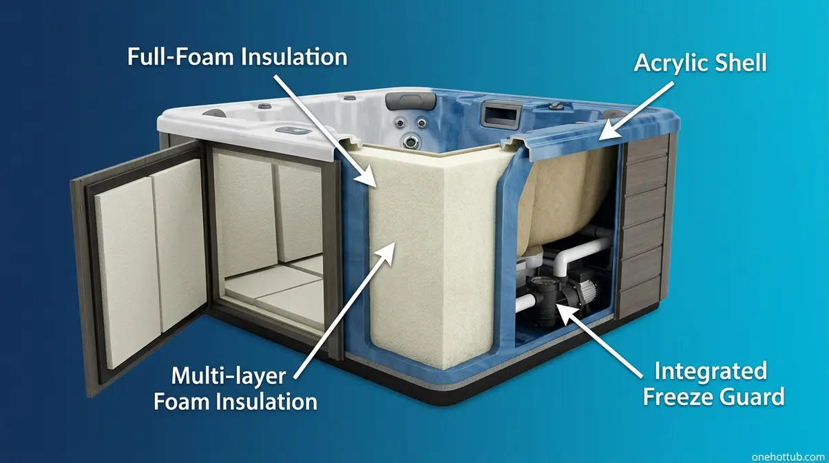 Best Hot Tubs for Winter UK 2026: Top 7 Compared 1 Hard-shell hot tub cross-section showing full-foam insulation for UK winter performance