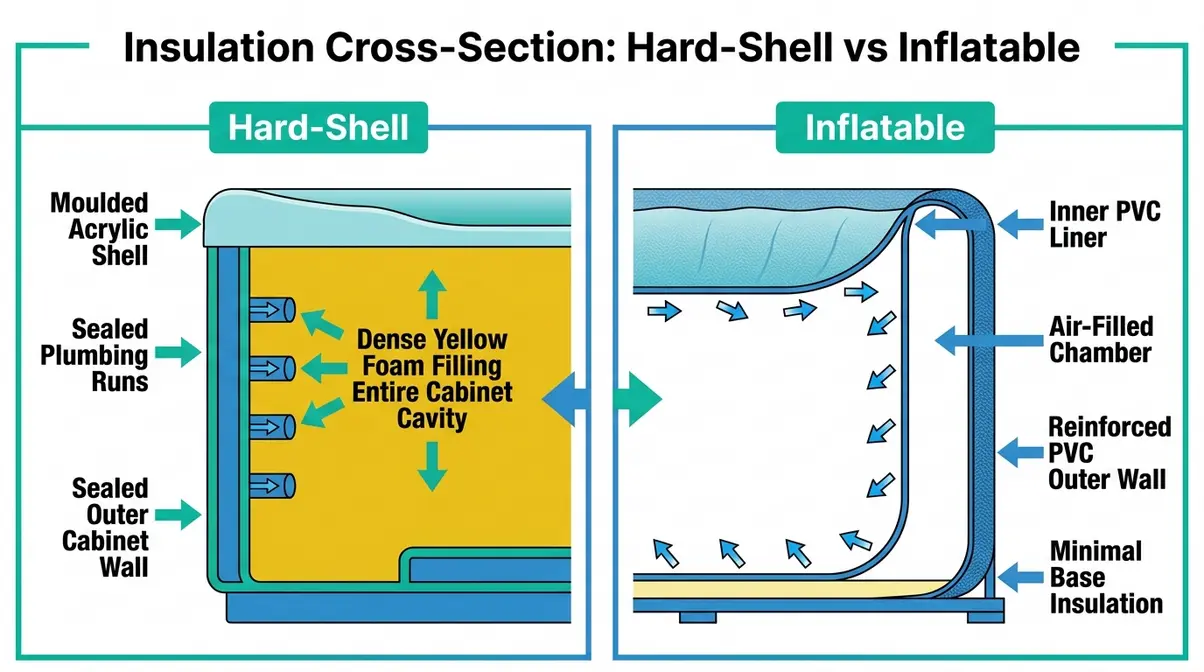 Best Hot Tubs for Winter UK: Tested & Compared (2026) 3 Cross-section diagram comparing full-foam hard-shell and air-wall inflatable hot tub insulation for UK winter use