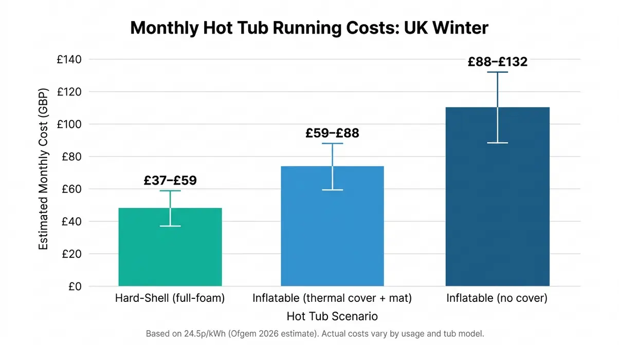 Best Hot Tubs for Winter UK: Tested & Compared (2026) 5 Bar chart comparing estimated monthly running costs of hard-shell and inflatable hot tubs in UK winter conditions at 24.5p per kWh
