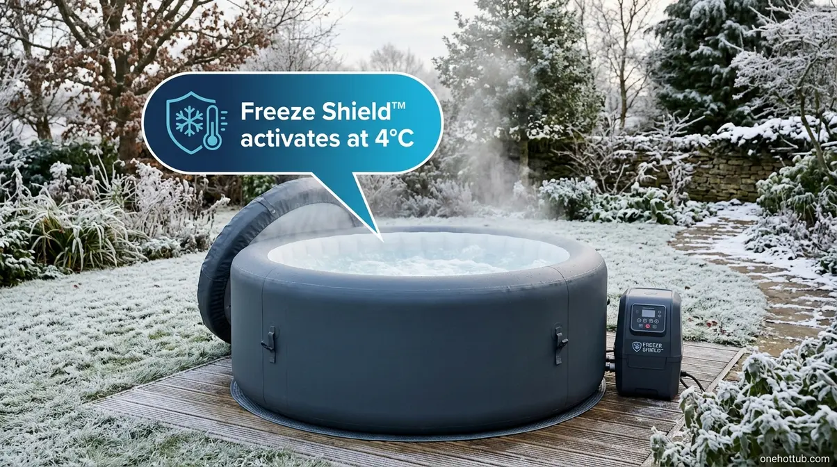 Best Hot Tubs for Winter UK 2026: Top 7 Compared 3 Inflatable hot tub with Freeze Shield technology operating in a UK winter garden with frost