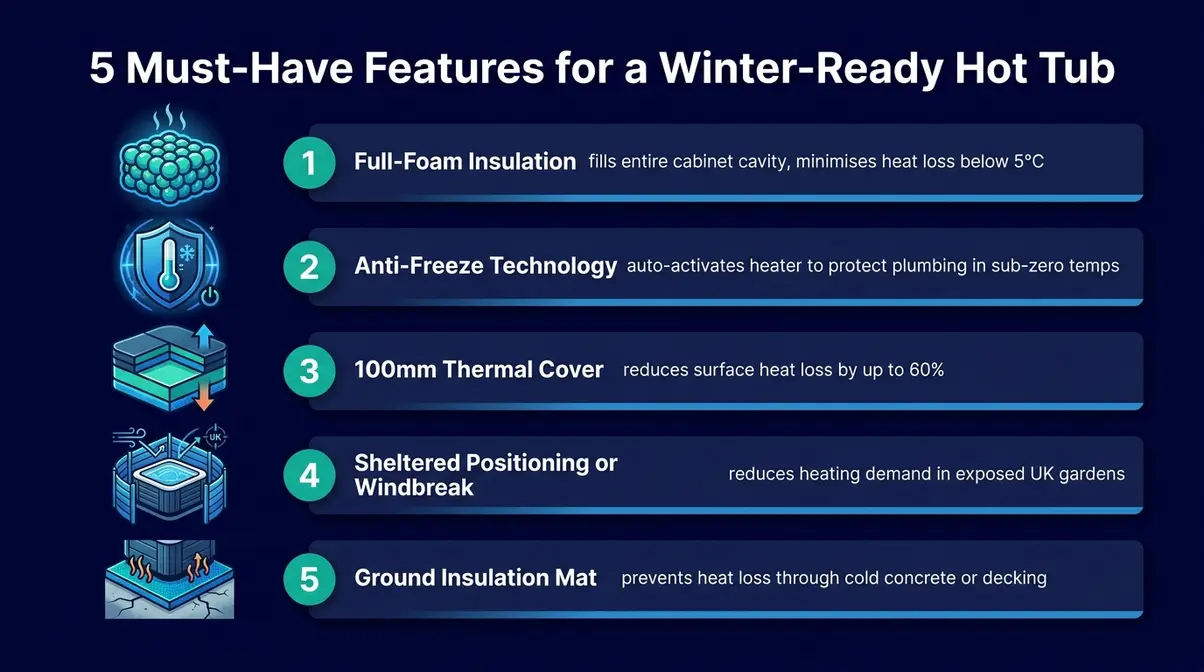 Best Hot Tubs for Winter UK: Tested & Compared (2026) 4 Infographic listing five essential winter hot tub features including full-foam insulation and anti-freeze technology for UK buyers