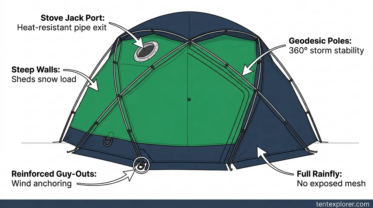 Annotated diagram of a 4-season hunting tent showing stove jack port, steep walls, and reinforced guy-out points