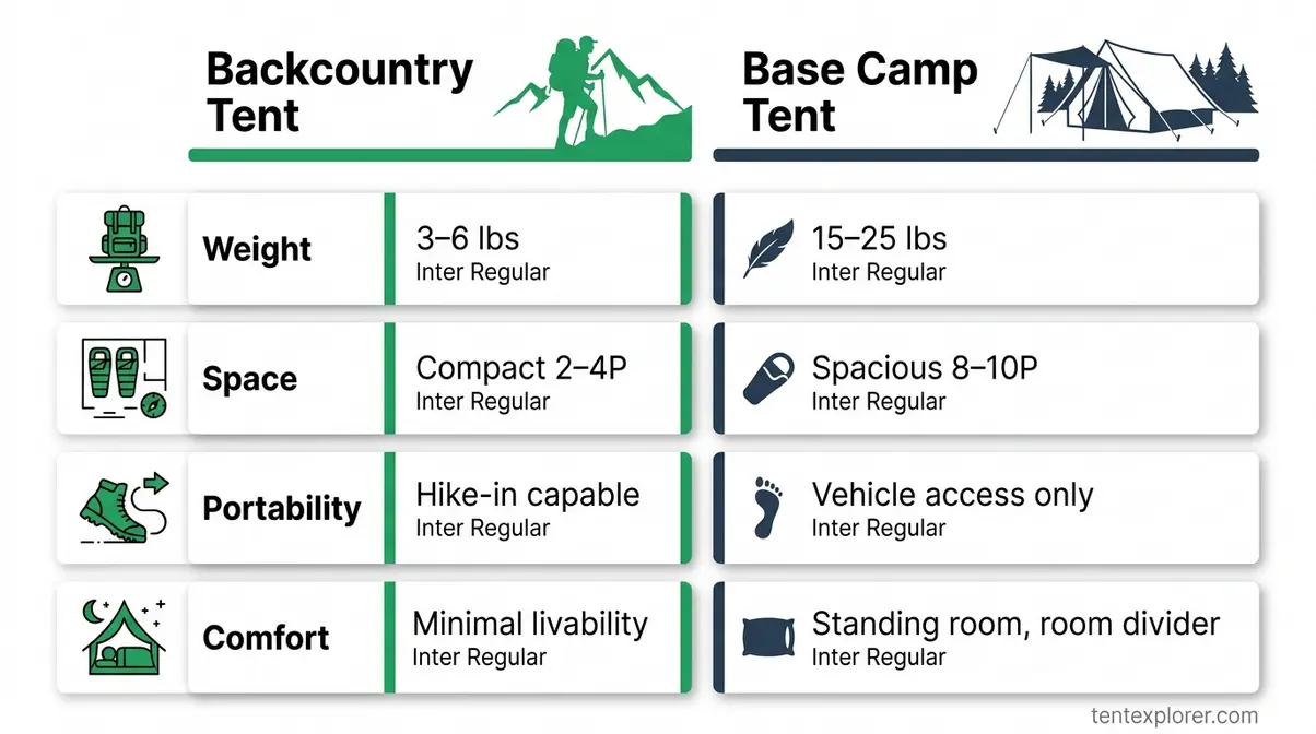 Infographic comparing backcountry versus base camp hunting tents by weight, space, portability, and comfort