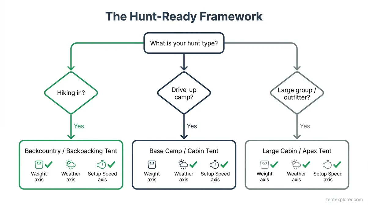 Decision flowchart matching hunting tent type to hunt scenario using the Hunt-Ready Framework axes