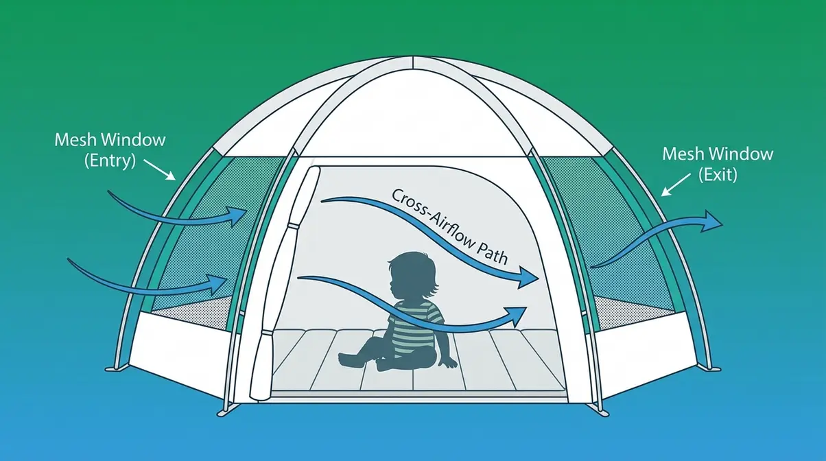 Diagram showing mesh window placement and cross-airflow ventilation paths inside an indoor toddler play tent