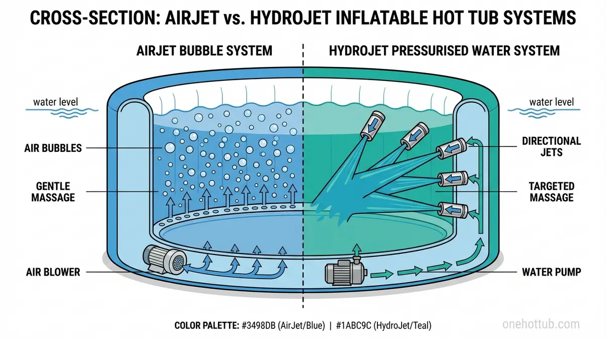Diagram comparing AirJet bubble system versus HydroJet pressurised water system in inflatable hot tubs