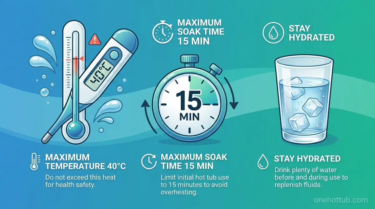 Hot tub health and safety guidelines showing temperature limits and hydration