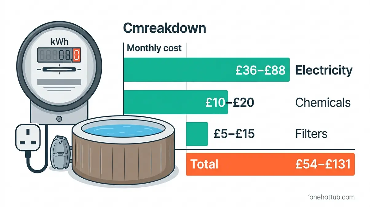 Inflatable hot tub UK monthly running costs breakdown showing electricity and chemical expenses