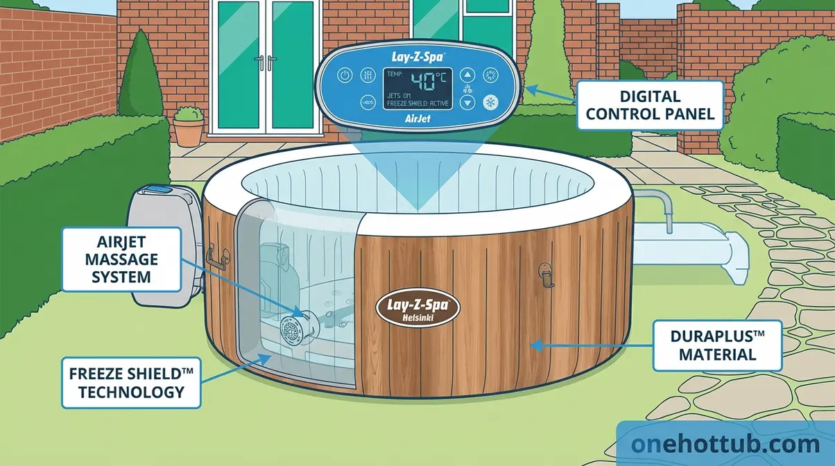 Lay-Z-Spa Helsinki AirJet control panel and inflated setup in a UK garden