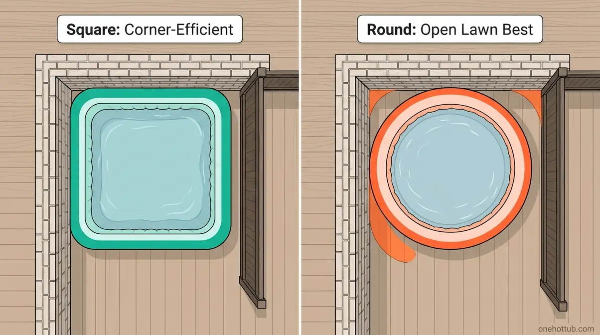 Square versus round inflatable hot tub comparison showing corner garden placement efficiency