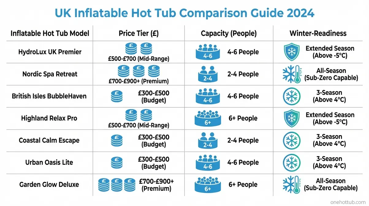 Best inflatable hot tub UK comparison chart showing price, capacity and winter-ready ratings for 7 models