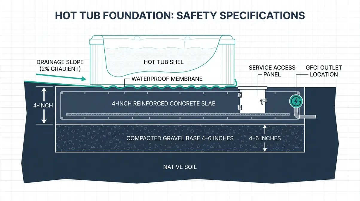 Cross-section diagram showing 4-inch concrete slab thickness and drainage layout for inground hot tub foundation