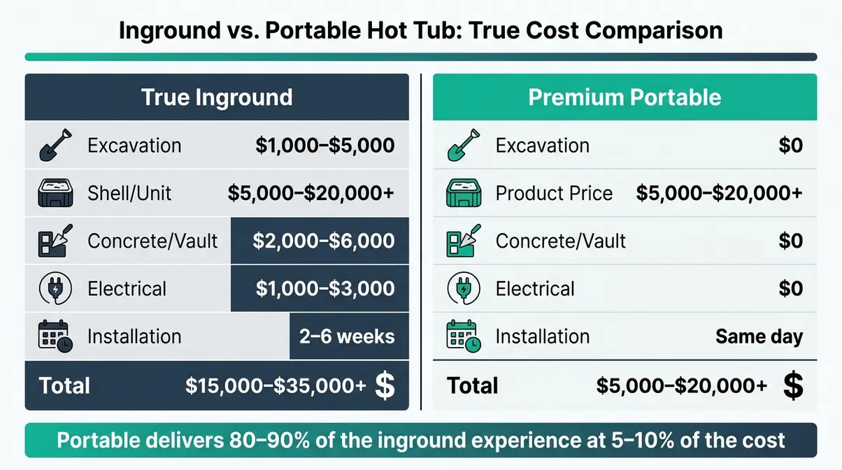 Infographic comparing inground hot tub installation costs versus portable spa costs for budget-conscious buyers