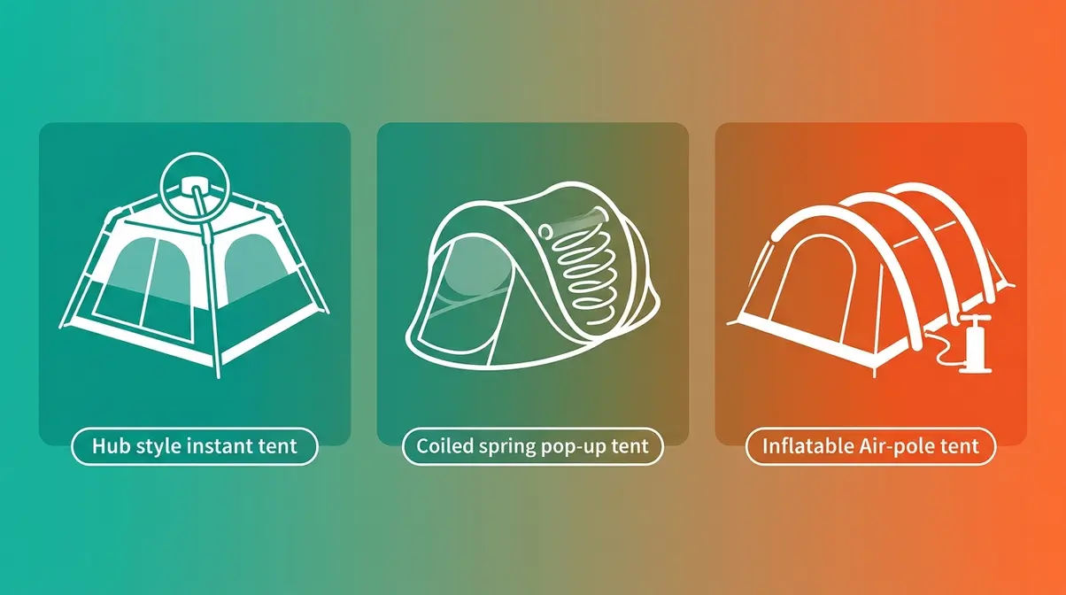 Illustration comparing hub, pop-up, and inflatable instant tent setup mechanisms side by side