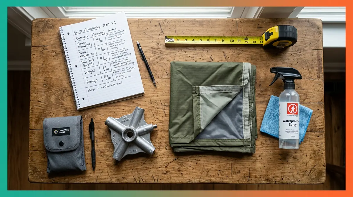Camping tent evaluation setup showing hub component, scoring rubric, and waterproofing materials