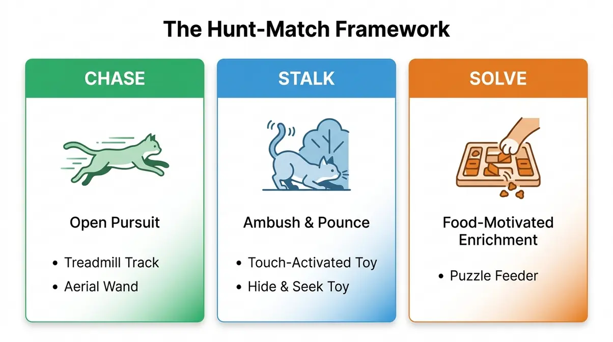Hunt-Match Framework diagram mapping Chase, Stalk, and Solve cat hunting styles to interactive toy types