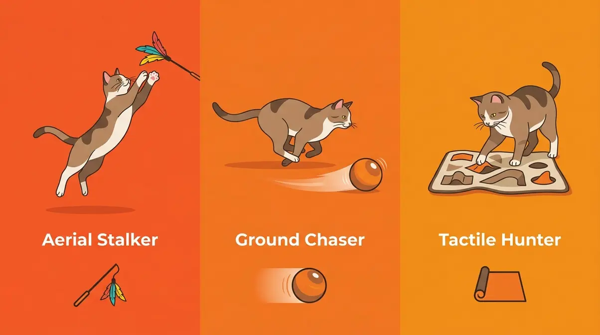 Cat play style guide showing aerial stalker, ground chaser, and tactile hunter prey instinct types