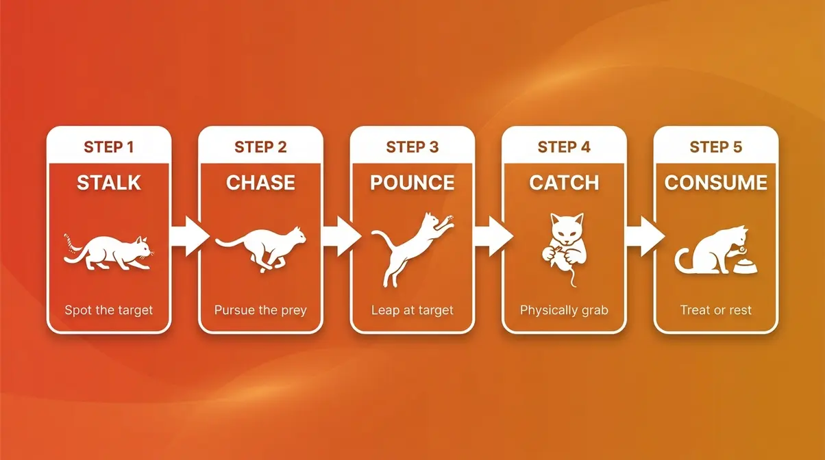 Infographic showing five stages of cat prey sequence stalk chase pounce catch consume for laser toy play