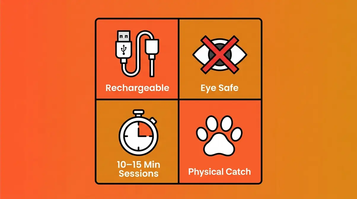 Buying guide checklist for laser cat toys showing rechargeable safety session length and catch icons