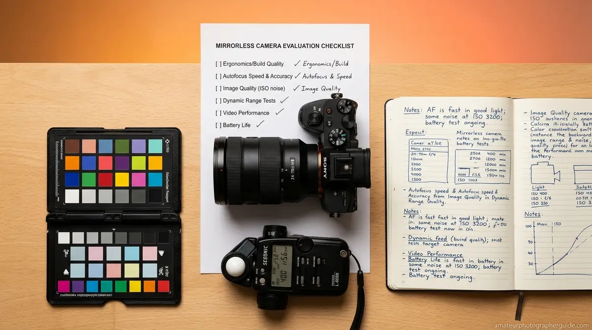 Camera evaluation methodology setup showing testing equipment and review checklist for low light assessment