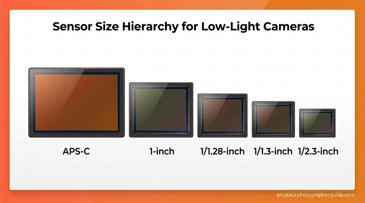 Low light camera buying guide showing sensor size hierarchy from APS-C to compact sensors