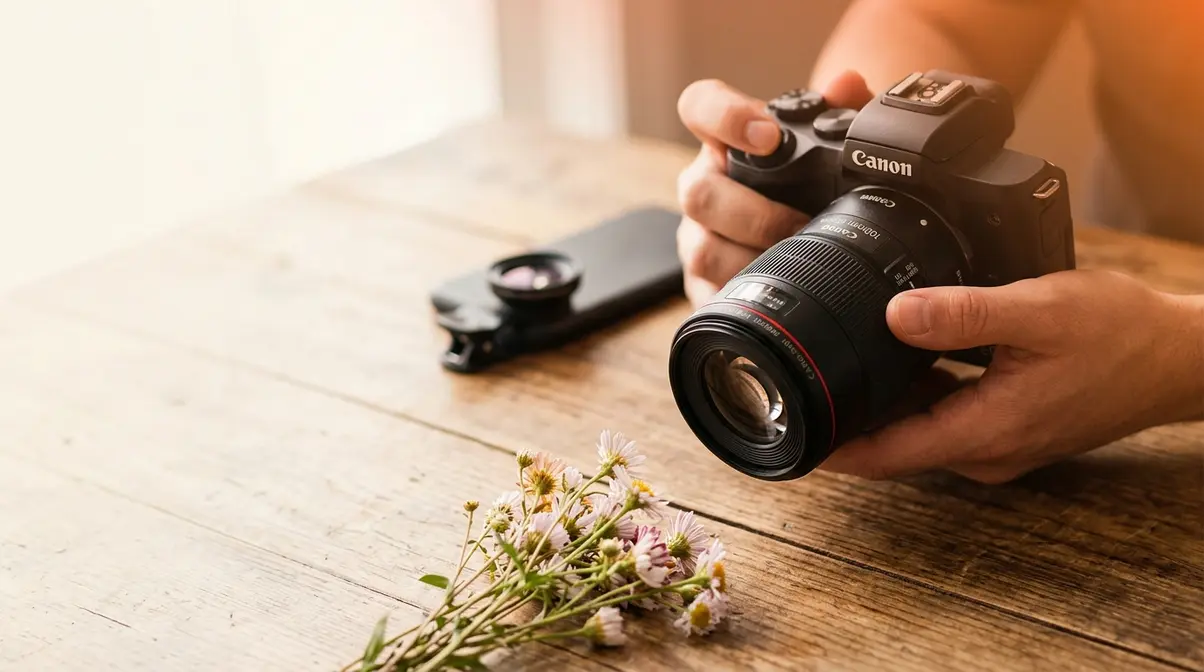 Photographer using a macro lens to photograph a small flower, illustrating how to choose the right macro lens