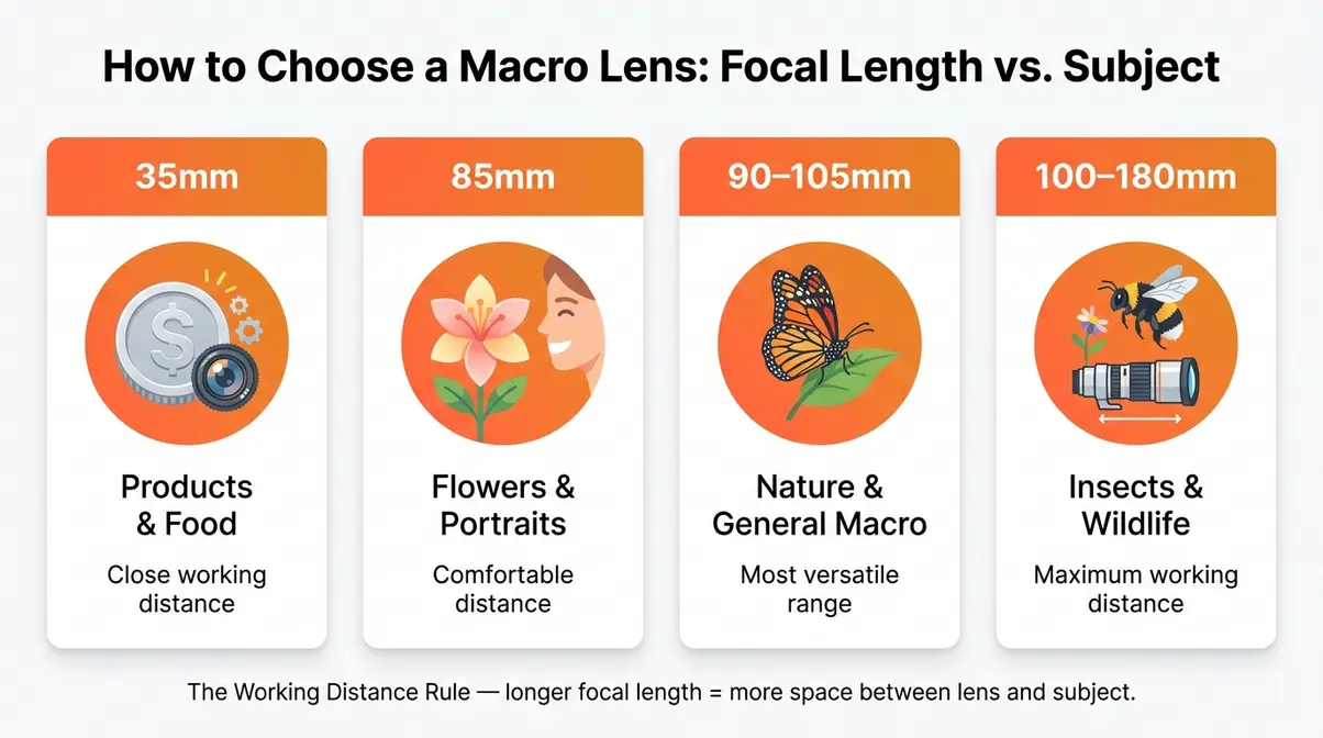 Macro lens focal length guide showing 35mm for products, 85-105mm for flowers, and 100-180mm for insects