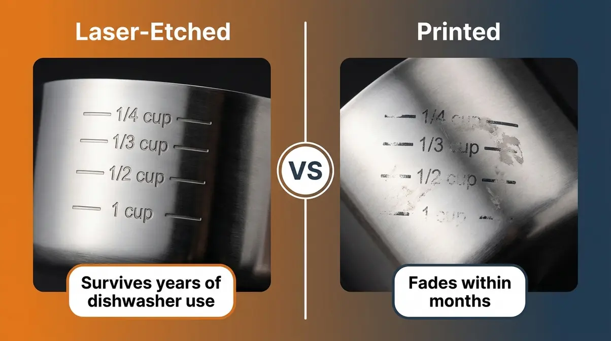6 Best Measuring Cups And Spoons For Baking In 2026 2 Infographic comparing laser-etched measuring cup markings versus faded printed markings after dishwasher use