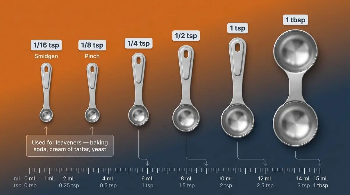 6 Best Measuring Cups And Spoons For Baking In 2026 3 Micro-precision measuring spoon sizes chart showing smidgen 1/16 tsp and pinch 1/8 tsp for baking leaveners