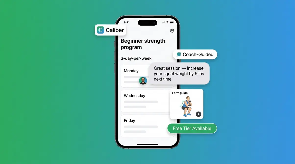 Caliber muscle building app showing beginner workout schedule coach message and exercise form guide