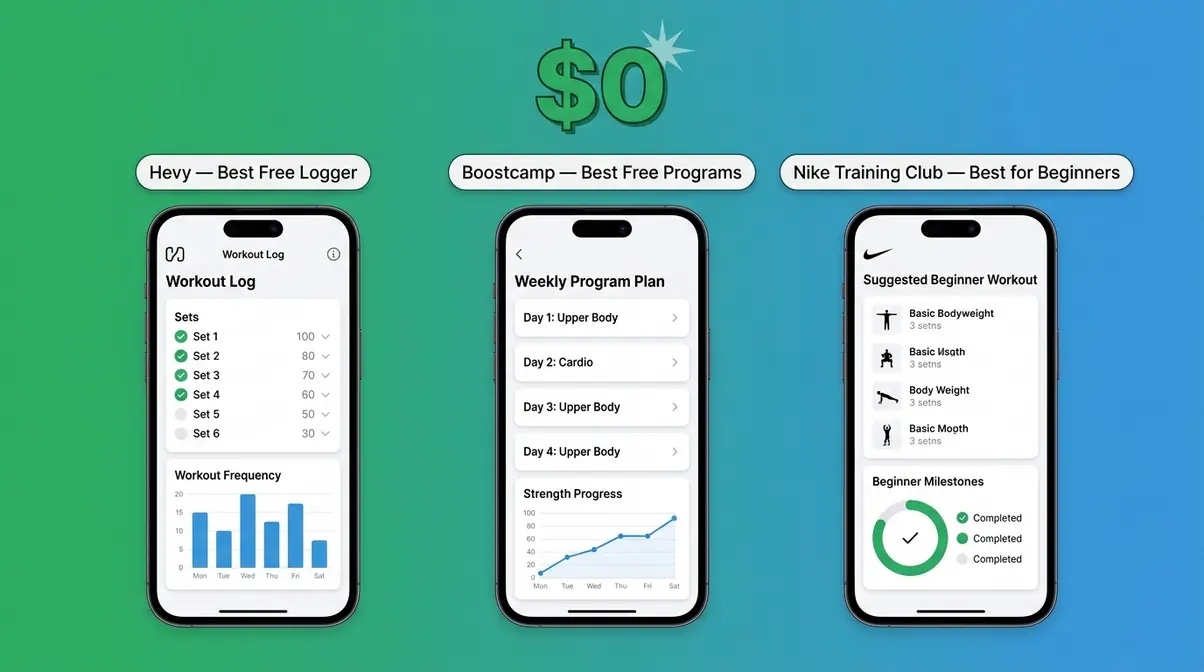 Three best free muscle building apps Hevy Boostcamp and Nike Training Club shown on smartphones