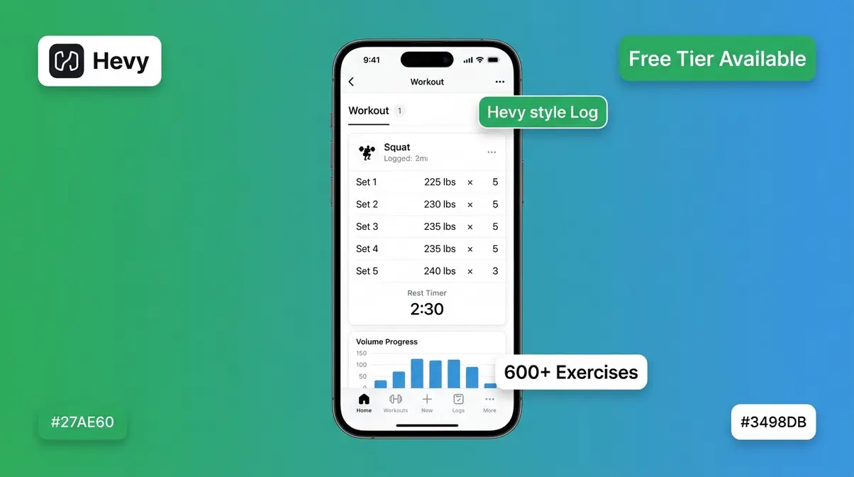 Hevy workout logging app showing squat session log rest timer and volume progress chart