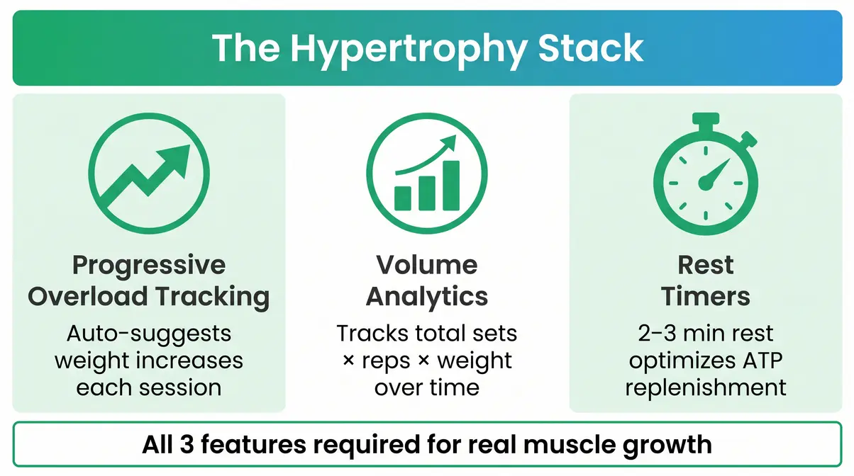 Infographic showing the three best muscle building app features in The Hypertrophy Stack framework