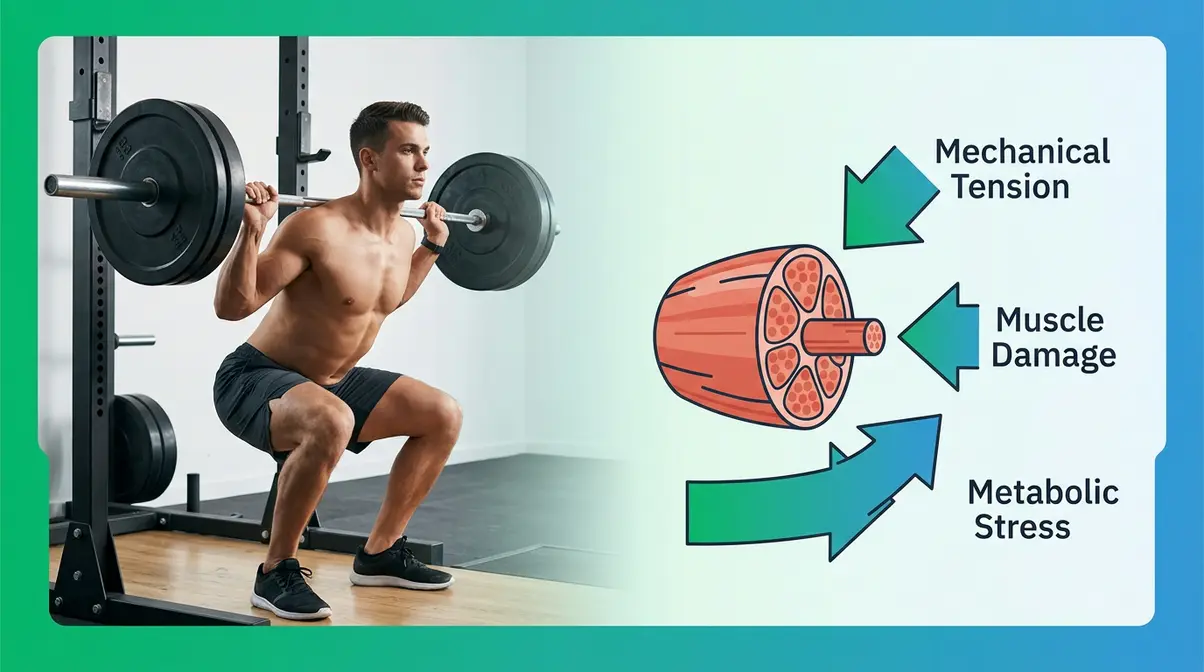 Illustration showing the three mechanisms of muscle hypertrophy mechanical tension muscle damage and metabolic stress