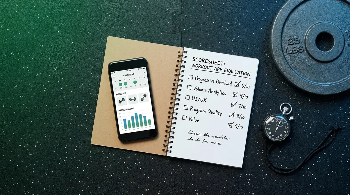Gym testing setup with smartphone workout app notebook scoring rubric barbell plate and stopwatch