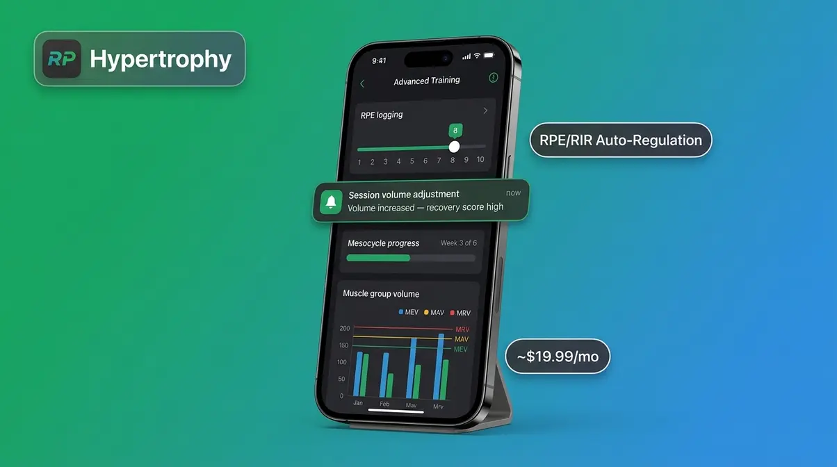 RP Hypertrophy app showing RPE logging slider mesocycle progress and volume auto-regulation dashboard