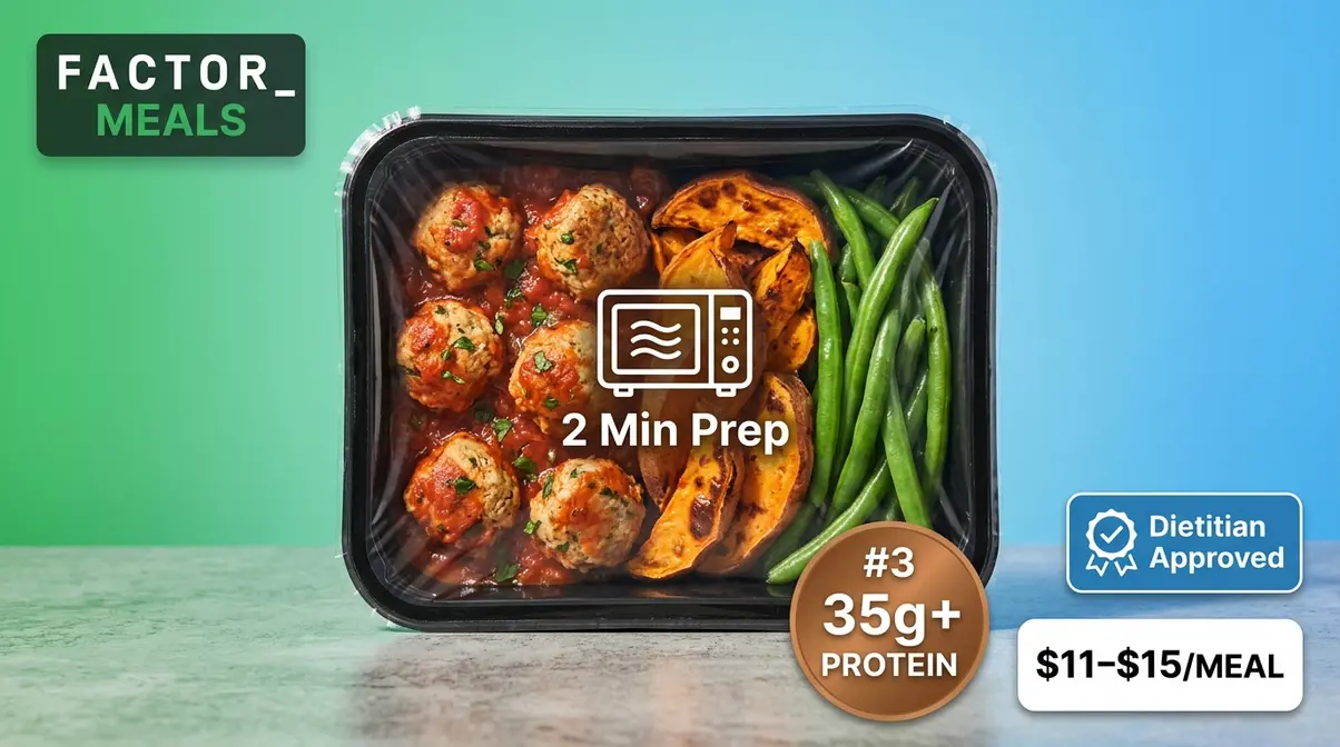 Factor Meals heat and eat prepared meal tray showing 35g protein with dietitian approved label