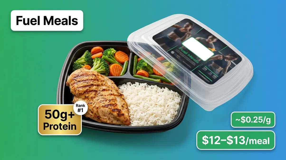 Fuel Meals high-protein prepared meal container showing 50g protein content at approximately 12 dollars per meal