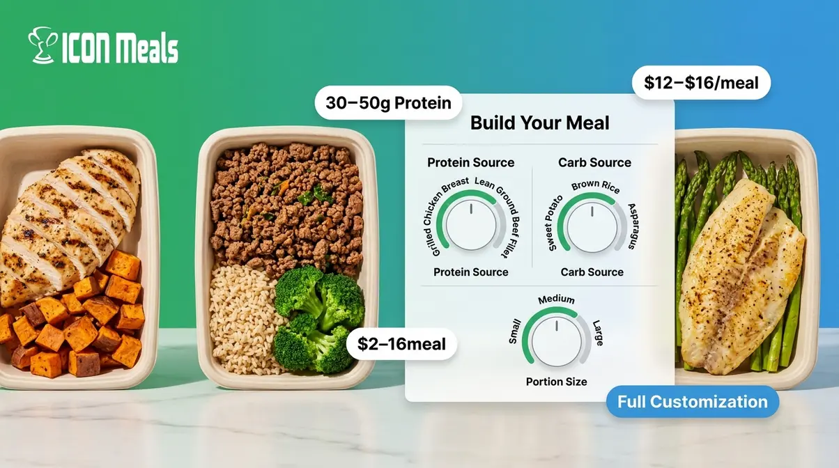 ICON Meals customizable macro meal containers showing protein source and portion size selection options