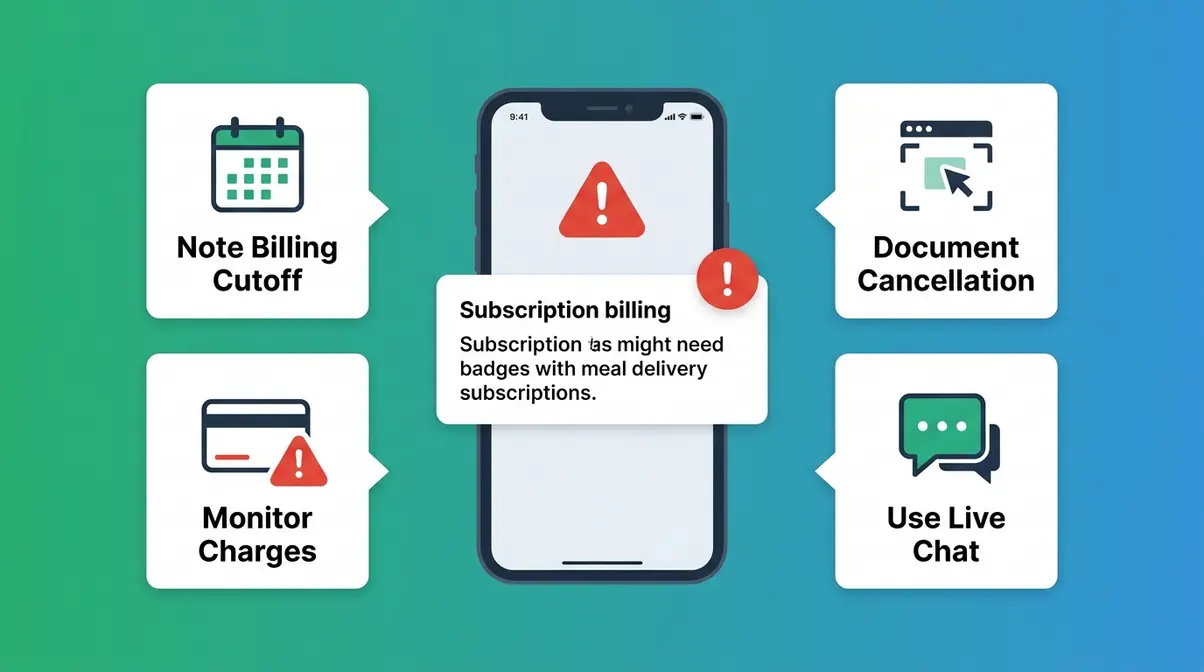 Illustration of subscription red flags for meal delivery services including billing alerts and cancellation documentation tips
