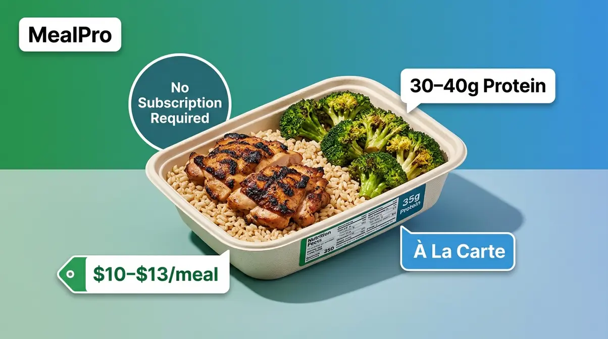 MealPro budget meal container showing 30 to 40 grams of protein with no subscription required label