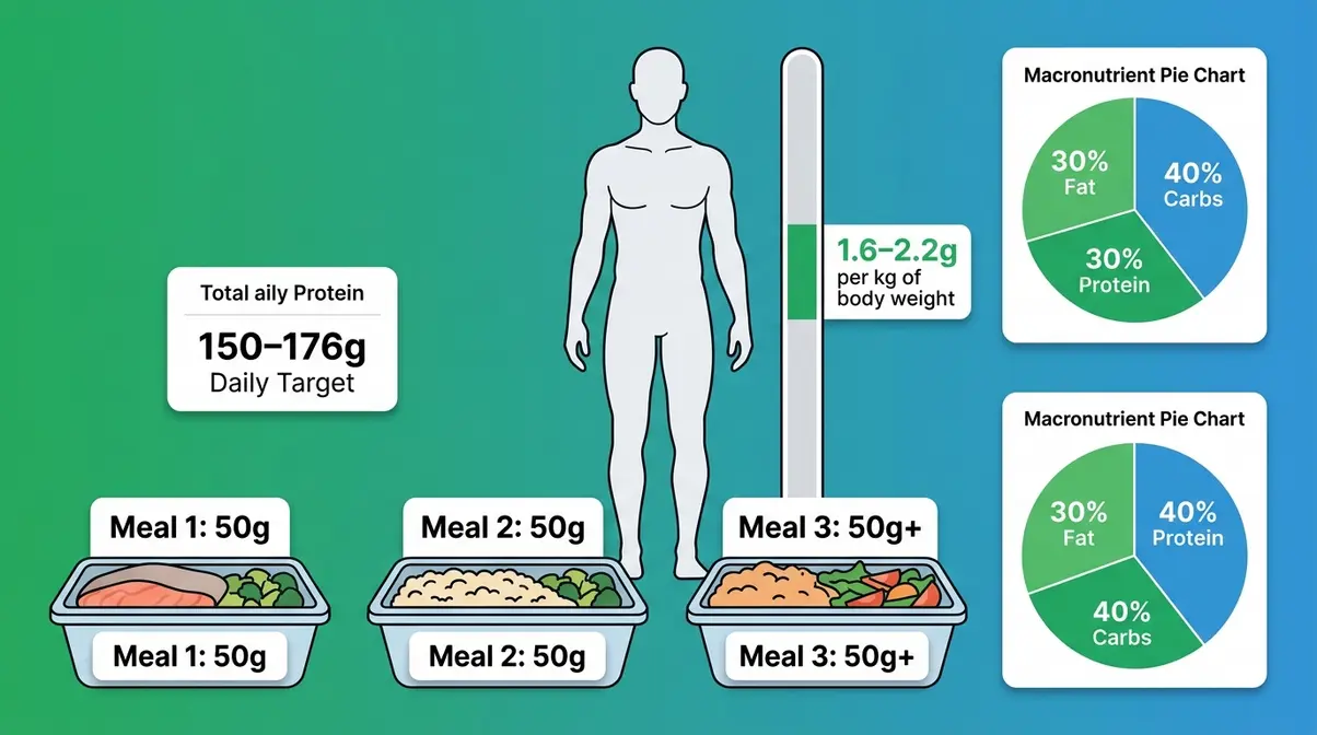 Nutrition basics illustration showing daily protein requirements of 1.6 to 2.2 grams per kilogram for muscle building