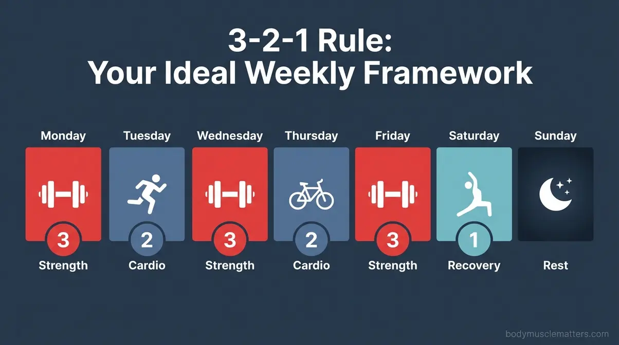 The 3-2-1 gym rule weekly schedule showing three strength days, two cardio days, and one recovery day