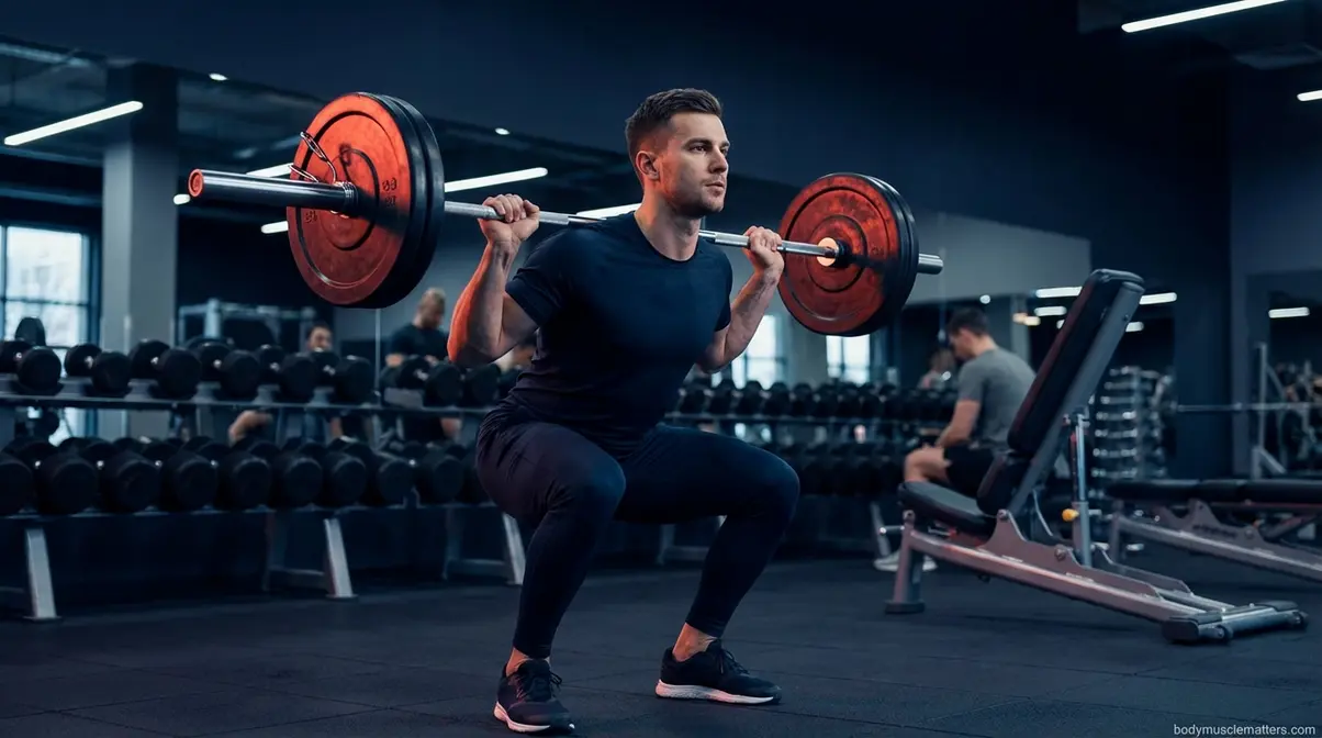 Beginner performing a barbell squat in a gym as part of the 3-day full-body muscle building programme