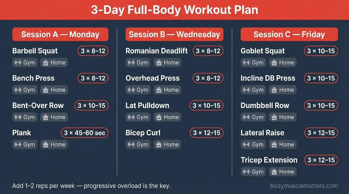 3-day beginner muscle building programme schedule showing exercises, sets, and reps for gym and home workouts
