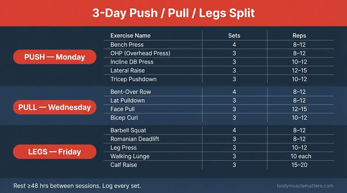 Push pull legs beginner workout plan table showing exercises, sets, and reps for three training days