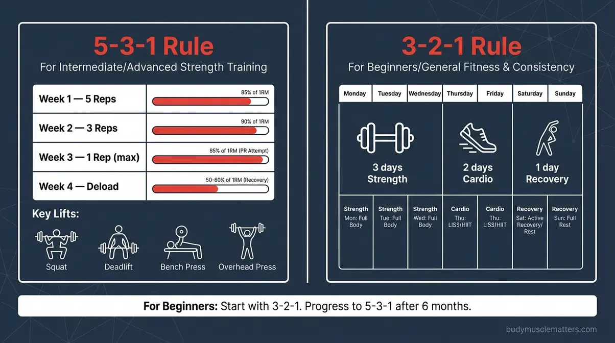 Beginner gym cheat sheet comparing the 5-3-1 and 3-2-1 training rules for muscle building