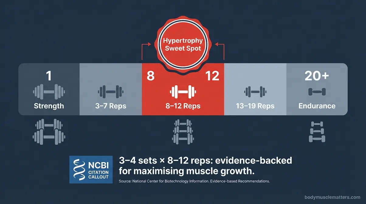 Rep range spectrum highlighting 8 to 12 reps as the hypertrophy sweet spot for beginner muscle building